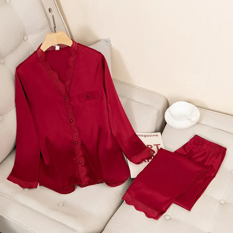Satin Pajamas Set Sexy 2-Piece Sleepwear Silky Pajamas Loungewear Solid Nightwear