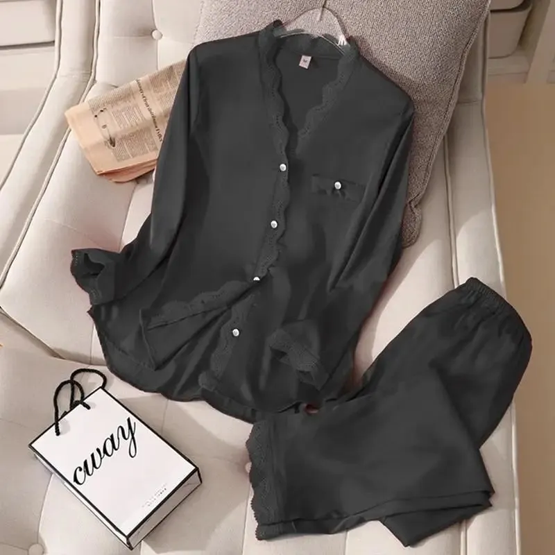 Satin Pajamas Set Sexy 2-Piece Sleepwear Silky Pajamas Loungewear Solid Nightwear