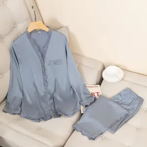 Satin Pajamas Set Sexy 2-Piece Sleepwear Silky Pajamas Loungewear Solid Nightwear