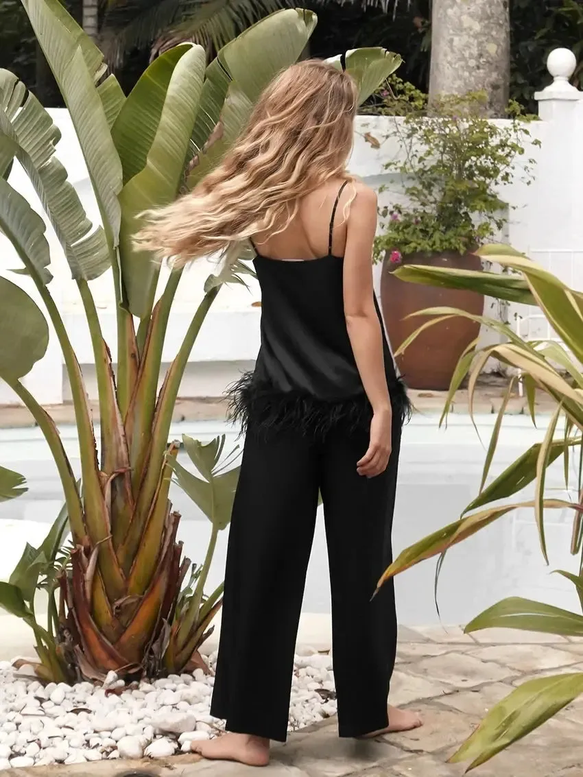 Satin Pajamas With Feathers Sleepwear Women Sets With Pants Black Spaghetti Strap Home Suit White Trouser Suits