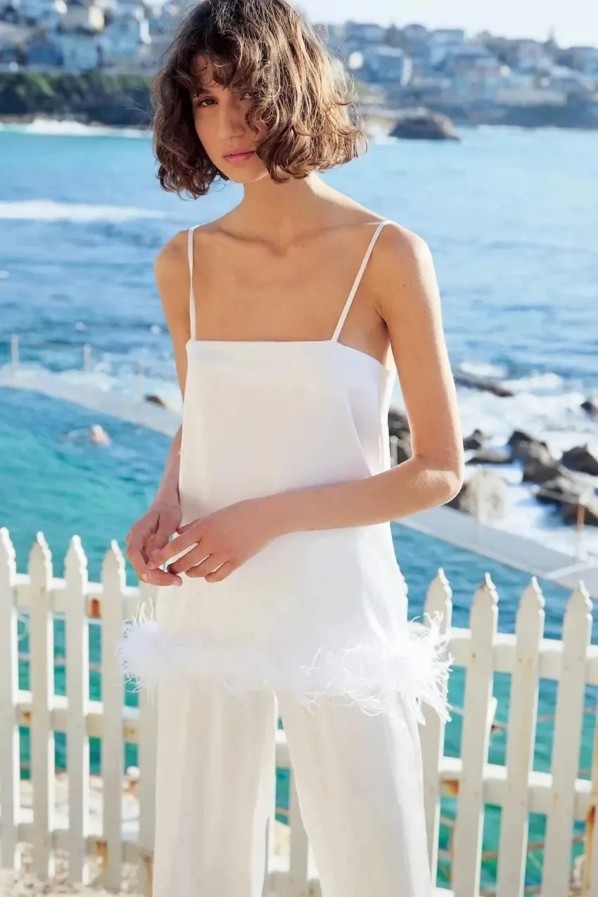 Satin Pajamas With Feathers Sleepwear Women Sets With Pants Black Spaghetti Strap Home Suit White Trouser Suits