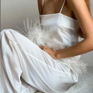 Satin Pajamas With Feathers Sleepwear Women Sets With Pants Black Spaghetti Strap Home Suit White Trouser Suits