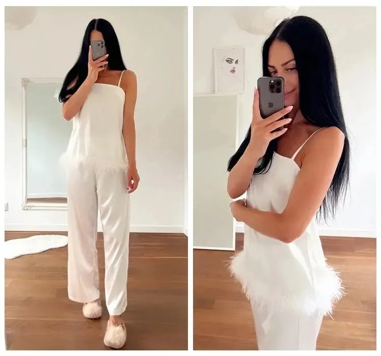 Satin Pajamas With Feathers Sleepwear Women Sets With Pants Black Spaghetti Strap Home Suit White Trouser Suits