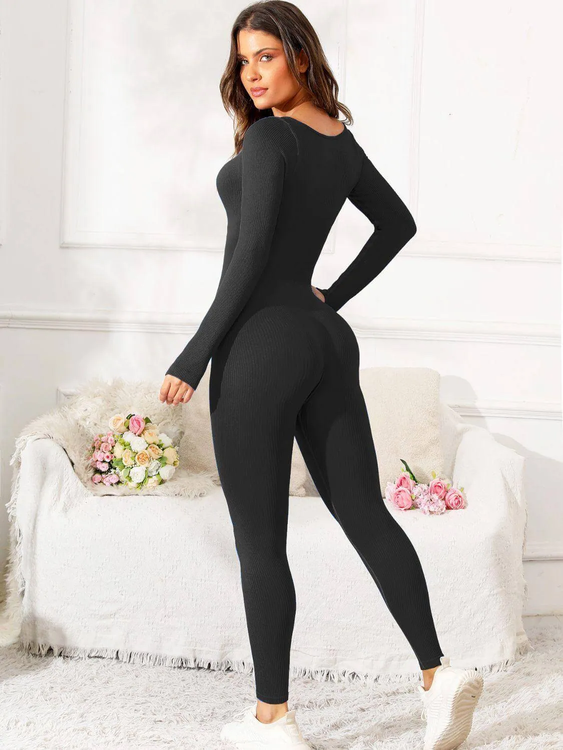 Scoop Neck Long Sleeve Active Jumpsuit – Comfy, Stylish