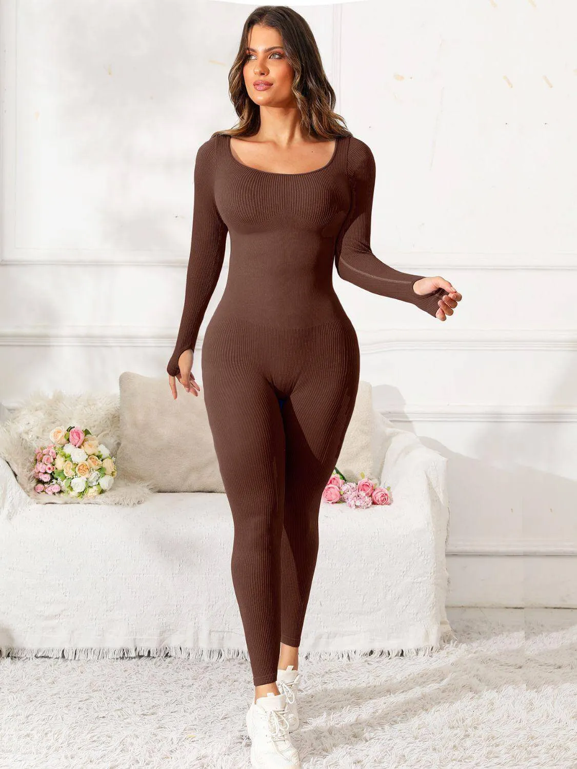 Scoop Neck Long Sleeve Active Jumpsuit – Comfy, Stylish