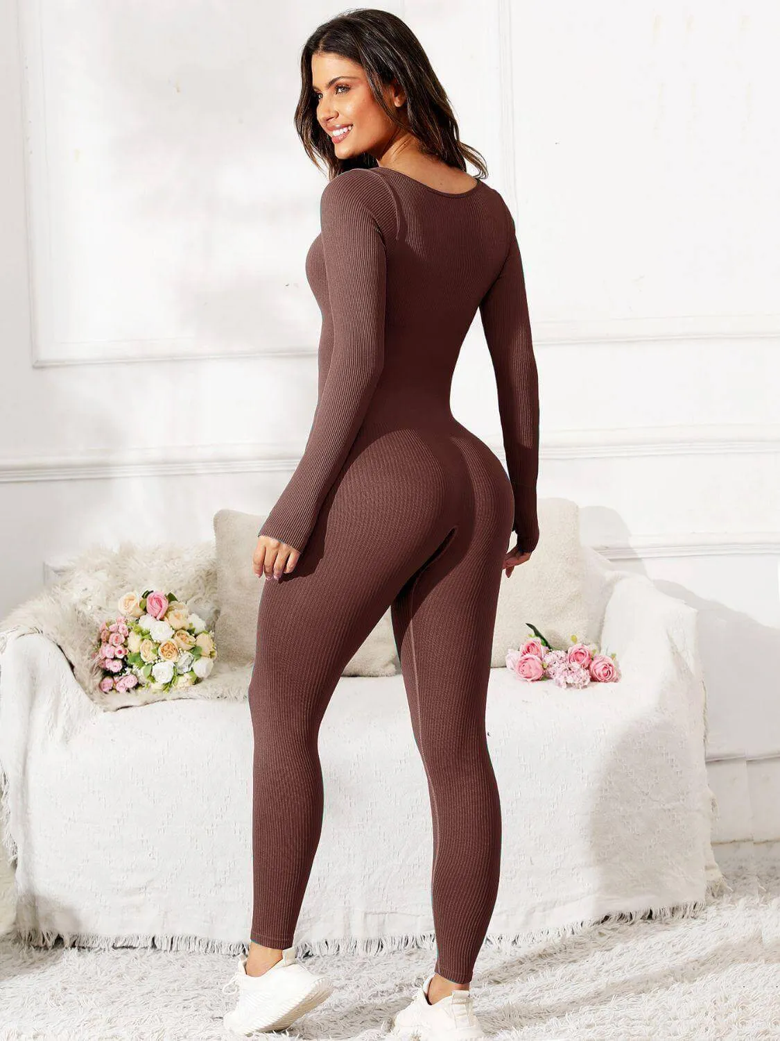 Scoop Neck Long Sleeve Active Jumpsuit – Comfy, Stylish