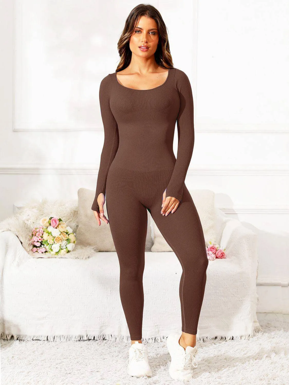 Scoop Neck Long Sleeve Active Jumpsuit – Comfy, Stylish