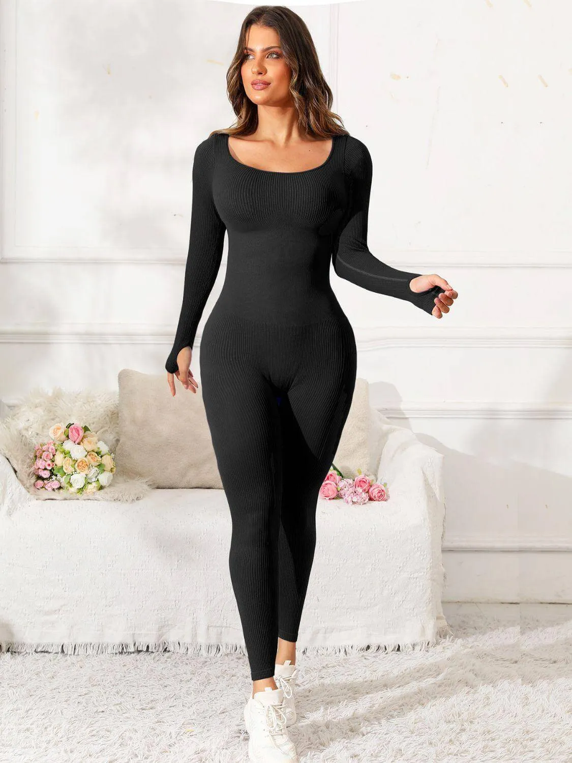 Scoop Neck Long Sleeve Active Jumpsuit – Comfy, Stylish