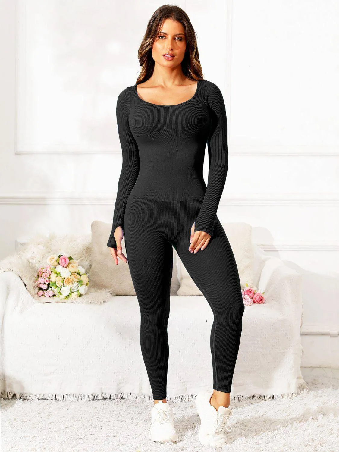 Scoop Neck Long Sleeve Active Jumpsuit – Comfy, Stylish