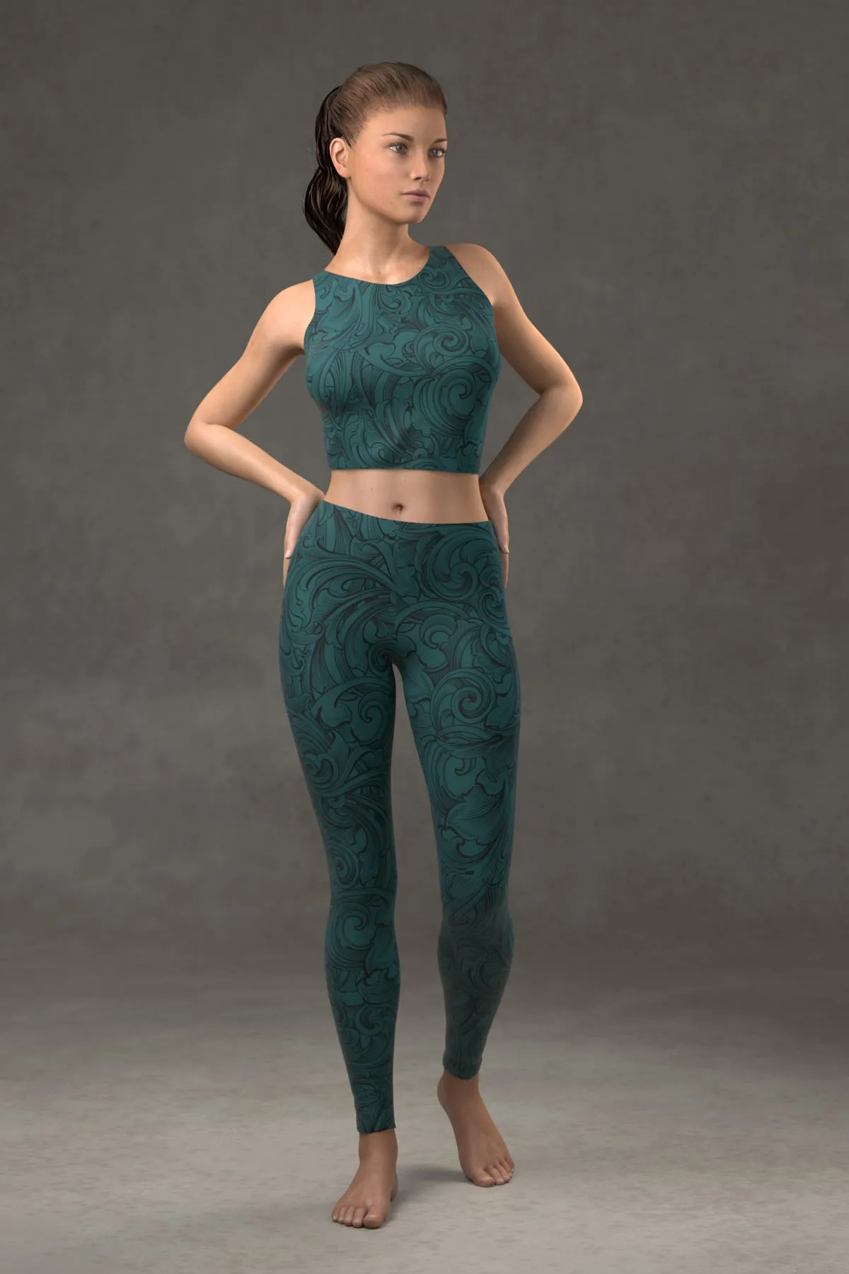 Scrollwork Leggings: Dark Teal Blue