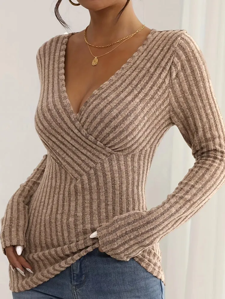 Sexy V-neck Knitted Long Sleeve Women Blouse