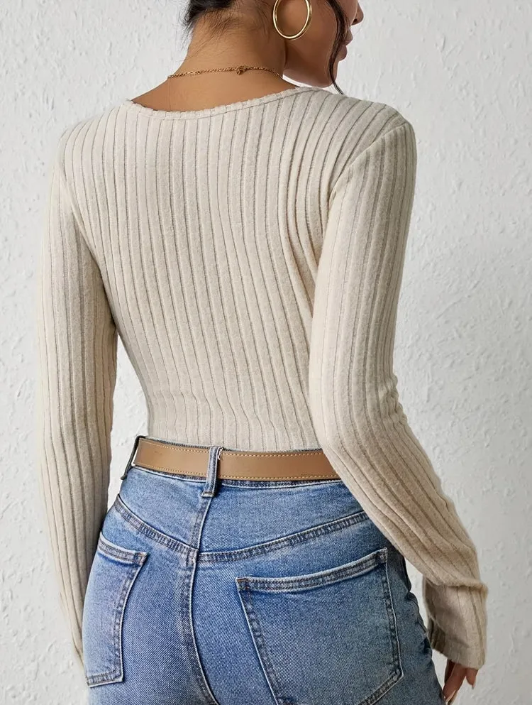 Sexy V-neck Knitted Long Sleeve Women Blouse