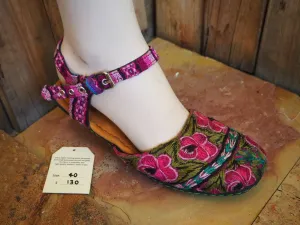Size 40 Ballerina Sandals - Pink Flowers on Green