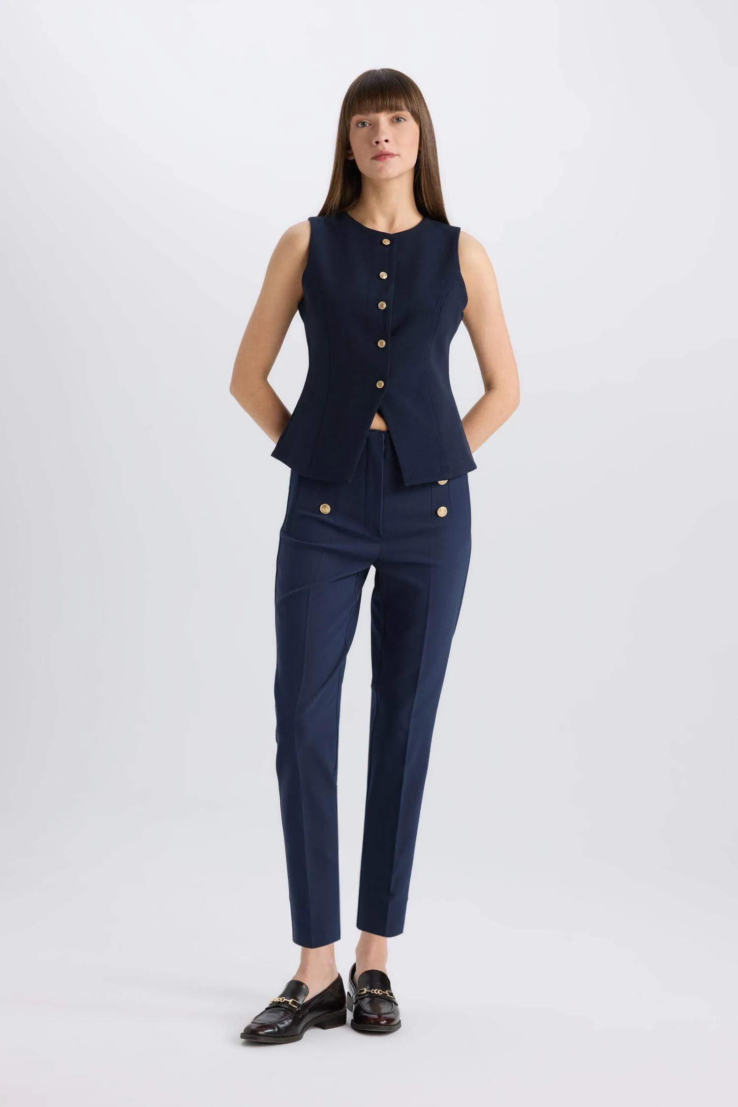Skinny Fit High Waist Pocket Buttoned Plain Leg Fabric Pants