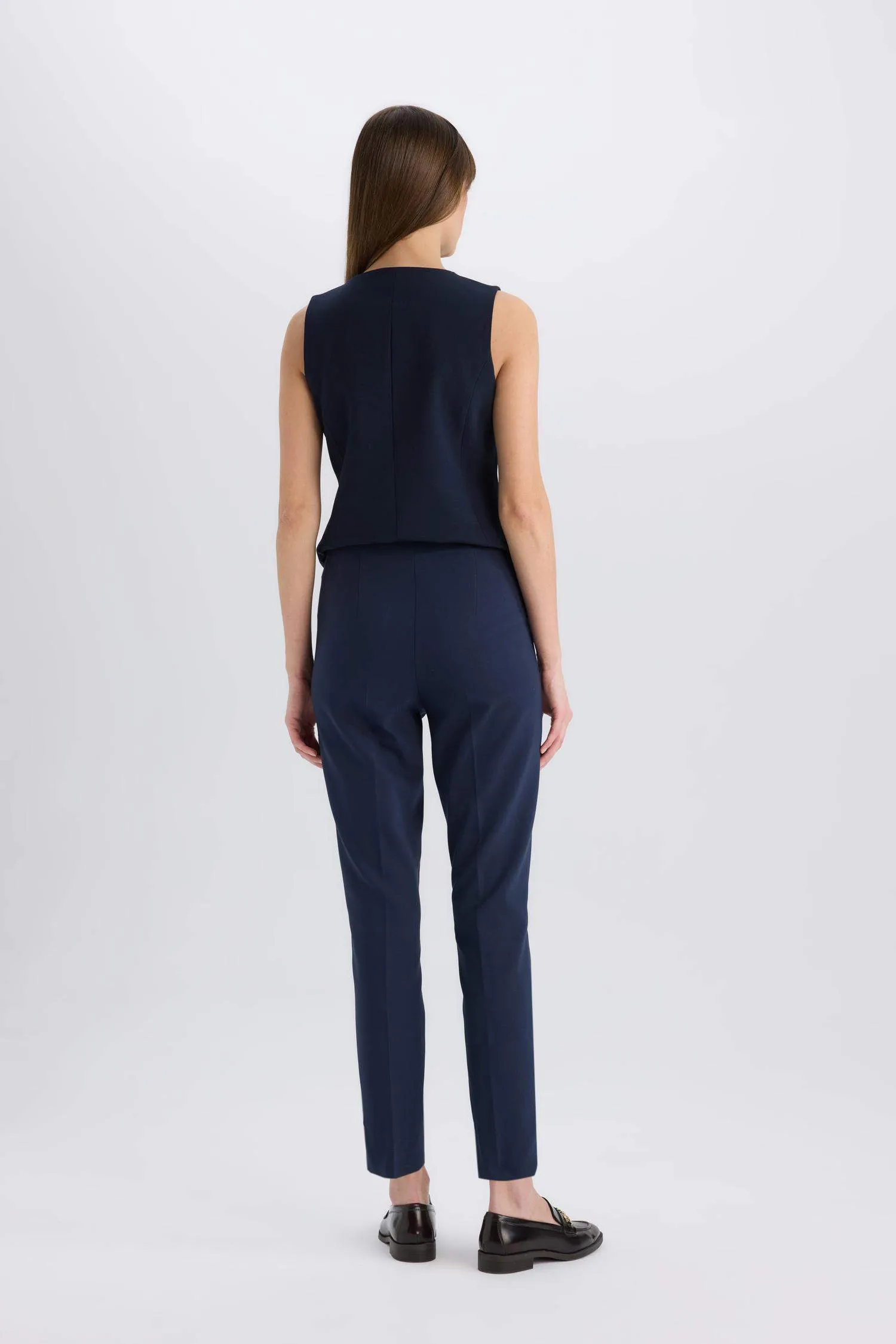 Skinny Fit High Waist Pocket Buttoned Plain Leg Fabric Pants