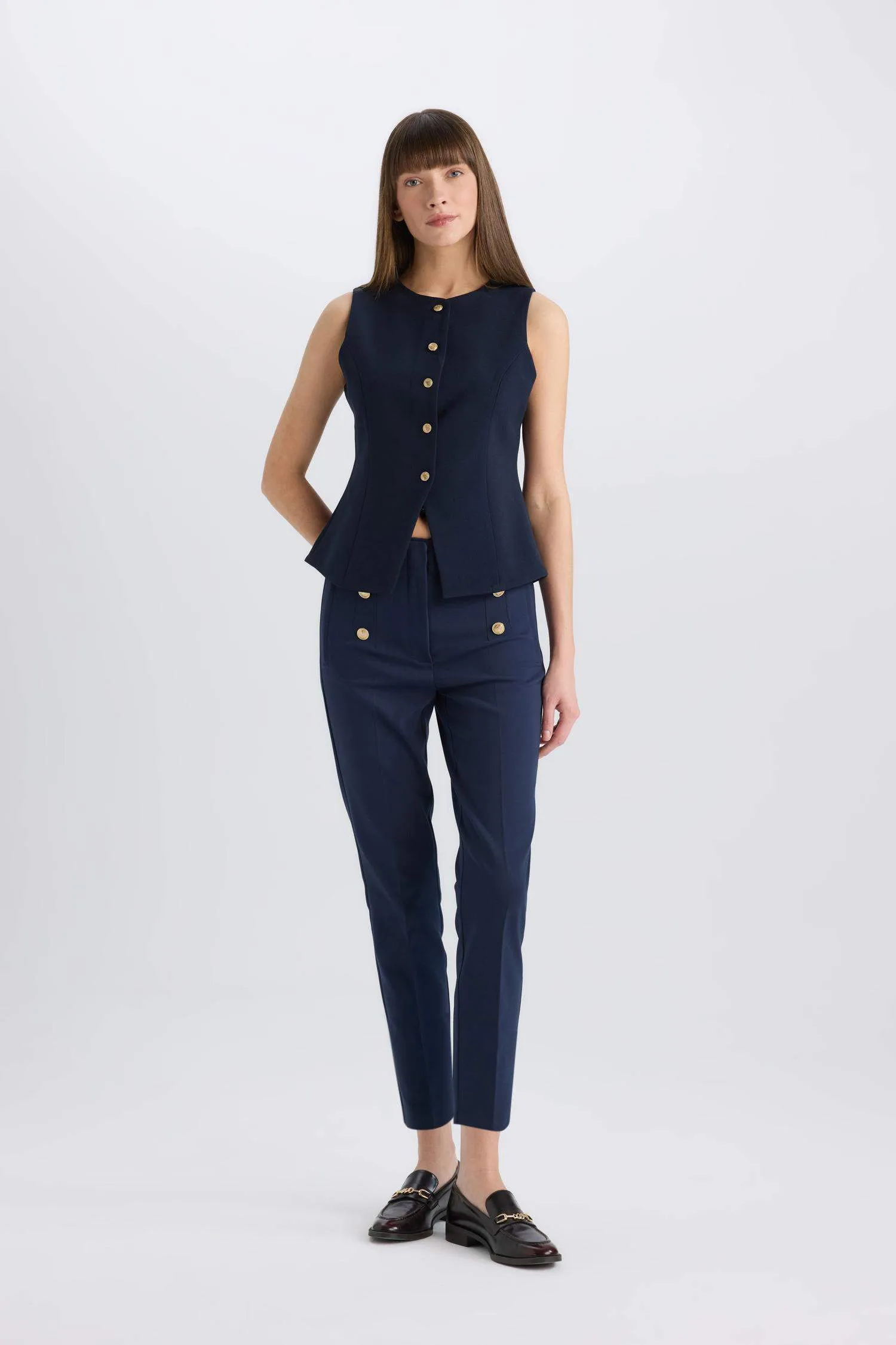 Skinny Fit High Waist Pocket Buttoned Plain Leg Fabric Pants