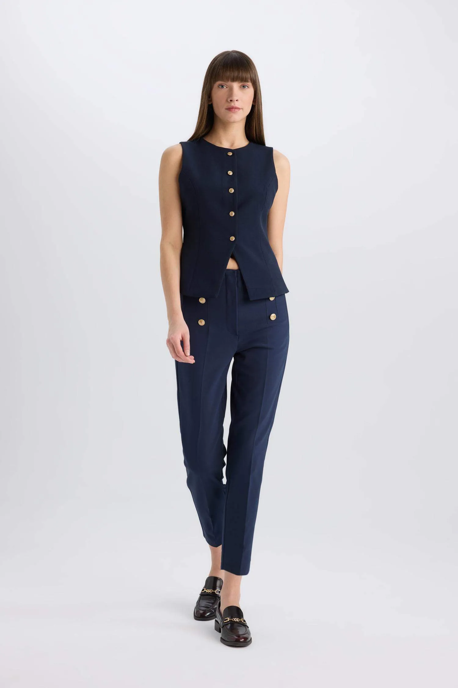 Skinny Fit High Waist Pocket Buttoned Plain Leg Fabric Pants