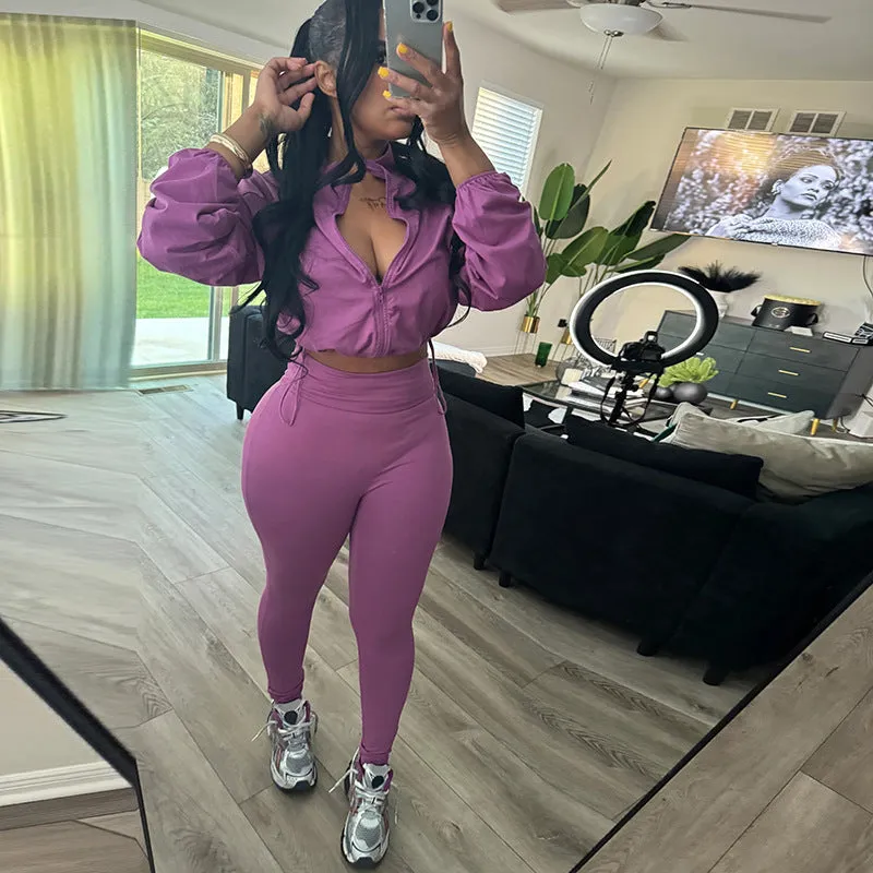 Sleek Drawstring Crop Top and High-Waist Leggings Two-Piece Set