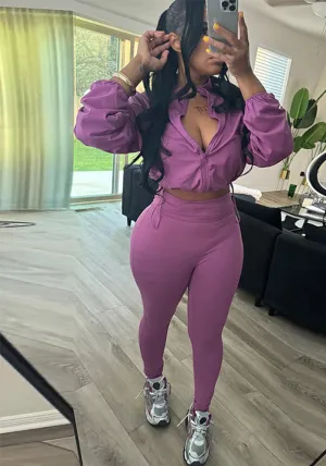 Sleek Drawstring Crop Top and High-Waist Leggings Two-Piece Set