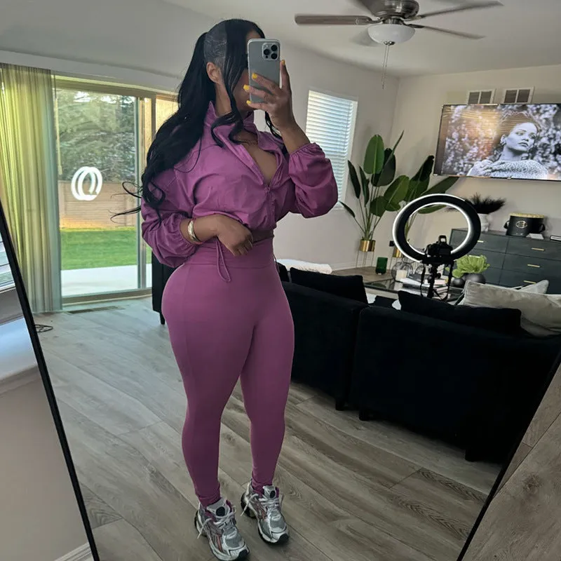 Sleek Drawstring Crop Top and High-Waist Leggings Two-Piece Set