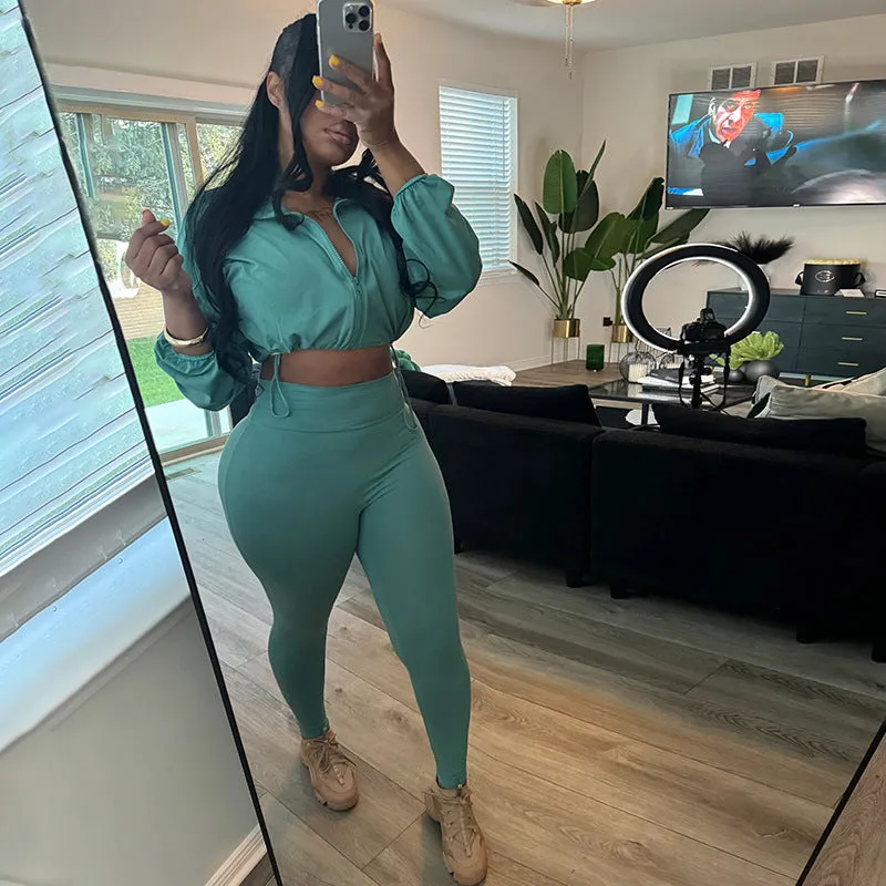 Sleek Drawstring Crop Top and High-Waist Leggings Two-Piece Set