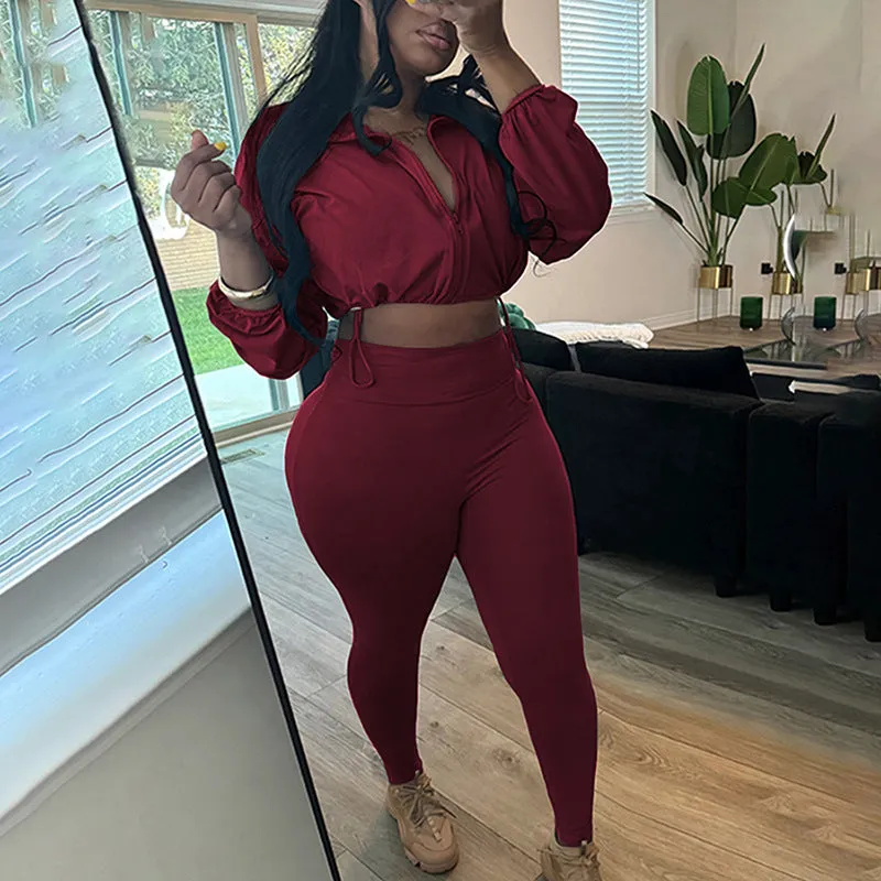 Sleek Drawstring Crop Top and High-Waist Leggings Two-Piece Set