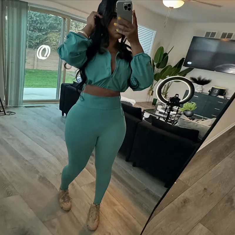 Sleek Drawstring Crop Top and High-Waist Leggings Two-Piece Set