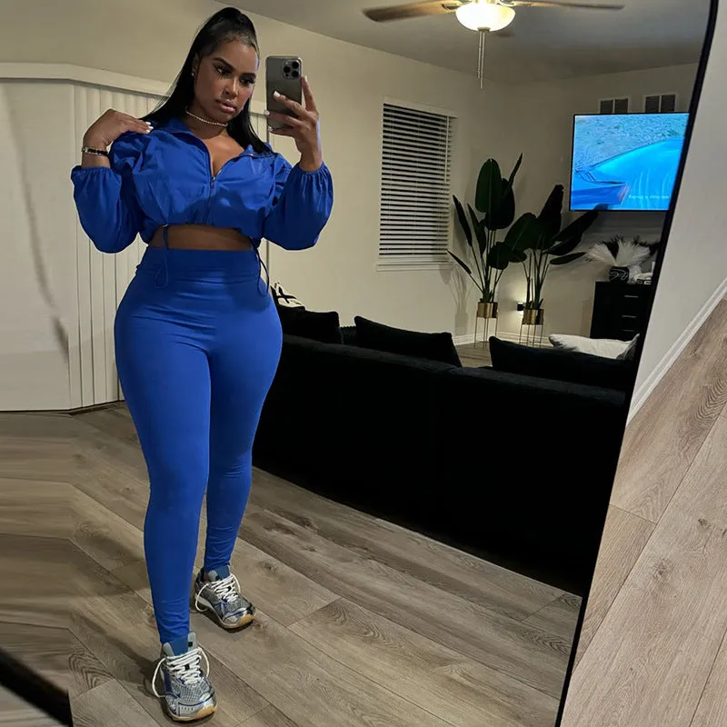 Sleek Drawstring Crop Top and High-Waist Leggings Two-Piece Set