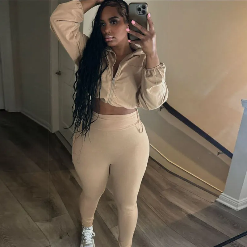 Sleek Drawstring Crop Top and High-Waist Leggings Two-Piece Set