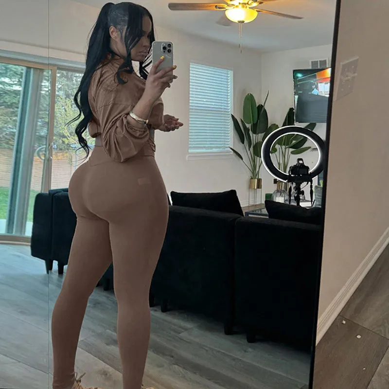 Sleek Drawstring Crop Top and High-Waist Leggings Two-Piece Set