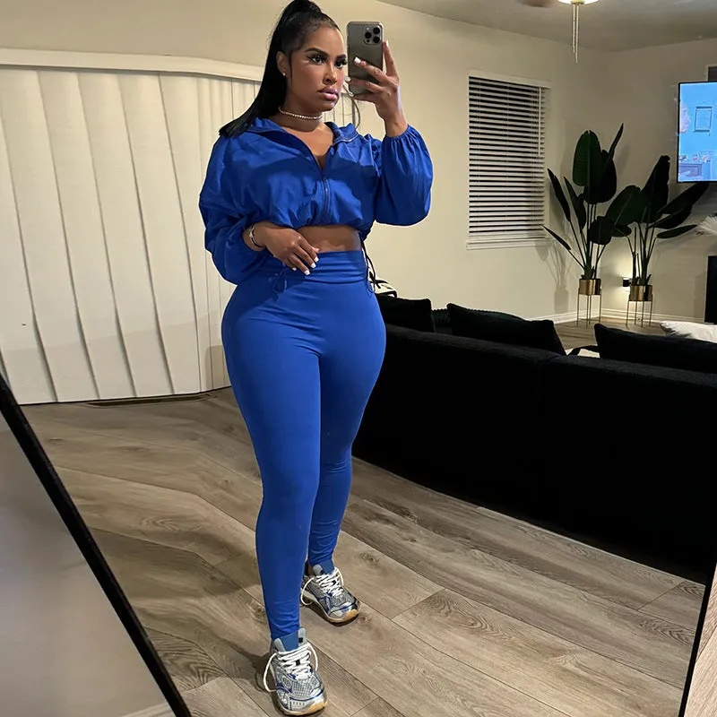 Sleek Drawstring Crop Top and High-Waist Leggings Two-Piece Set