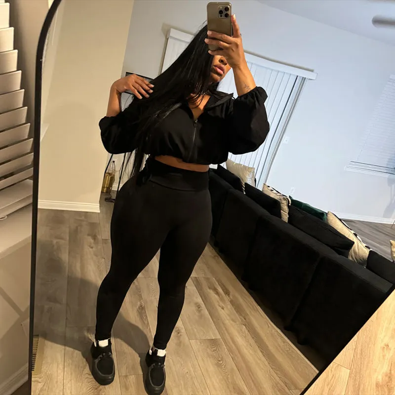 Sleek Drawstring Crop Top and High-Waist Leggings Two-Piece Set
