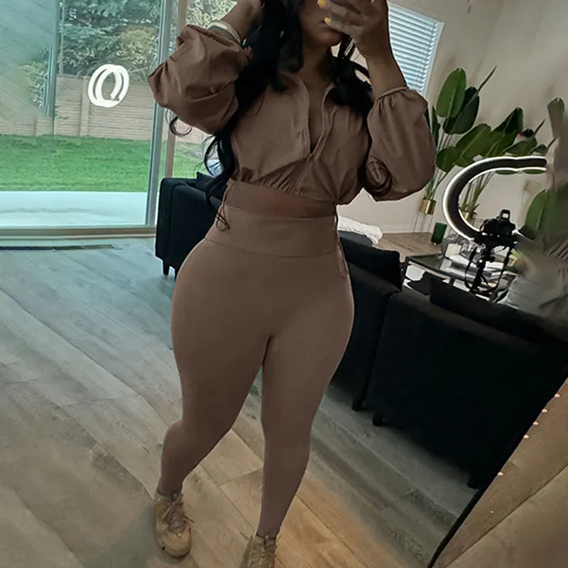 Sleek Drawstring Crop Top and High-Waist Leggings Two-Piece Set
