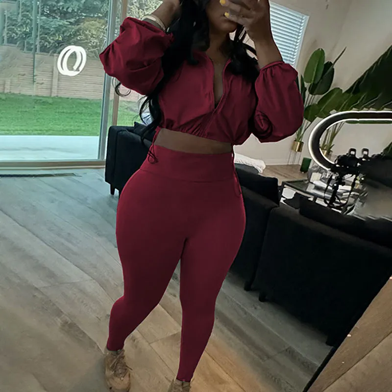 Sleek Drawstring Crop Top and High-Waist Leggings Two-Piece Set