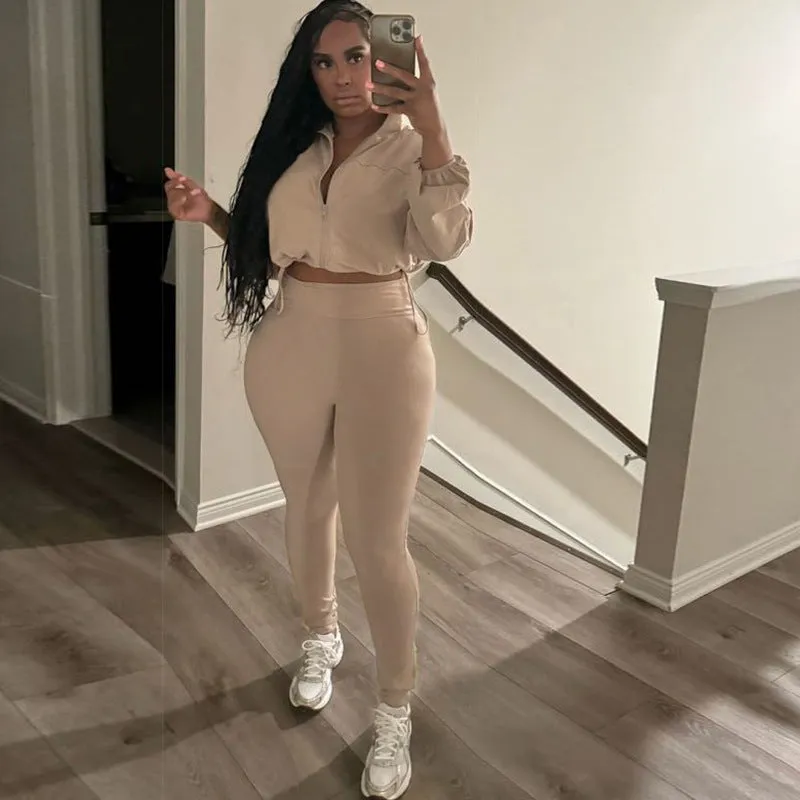 Sleek Drawstring Crop Top and High-Waist Leggings Two-Piece Set