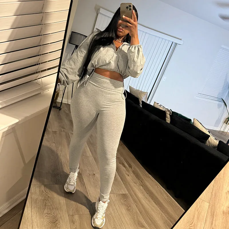 Sleek Drawstring Crop Top and High-Waist Leggings Two-Piece Set