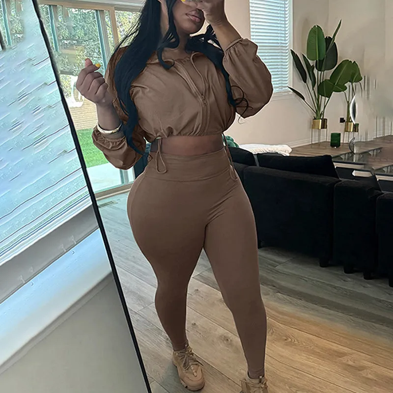 Sleek Drawstring Crop Top and High-Waist Leggings Two-Piece Set