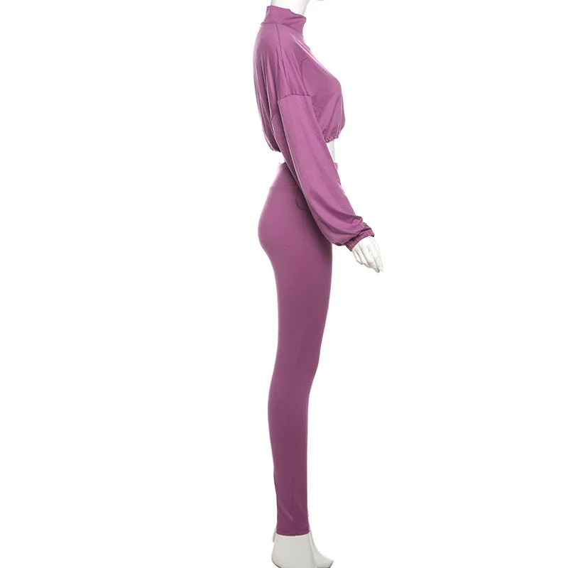 Sleek Drawstring Crop Top and High-Waist Leggings Two-Piece Set