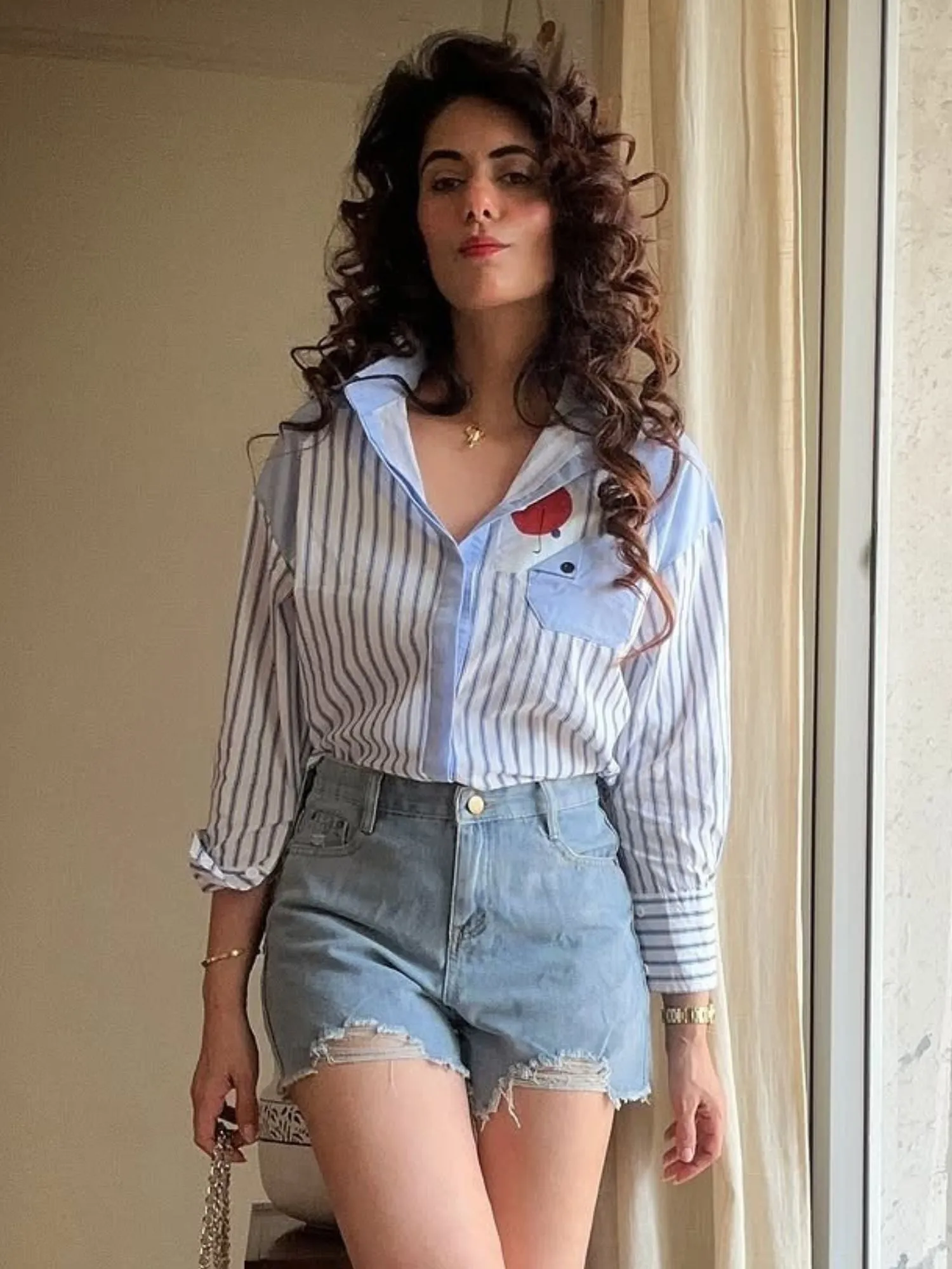 Stripe And Solid Oversized Shirt
