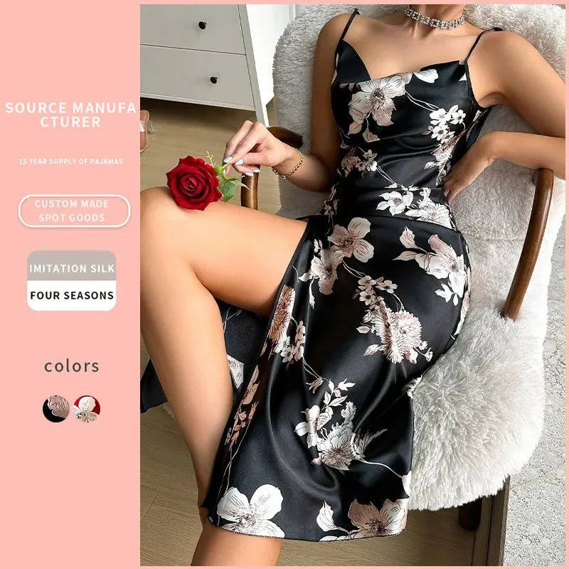 Summer Thin Breathable Women's Dress Ice Silk Slip Dress Sexy Floral Print Pajamas Open Back Split Nightdress Silk Pajamas