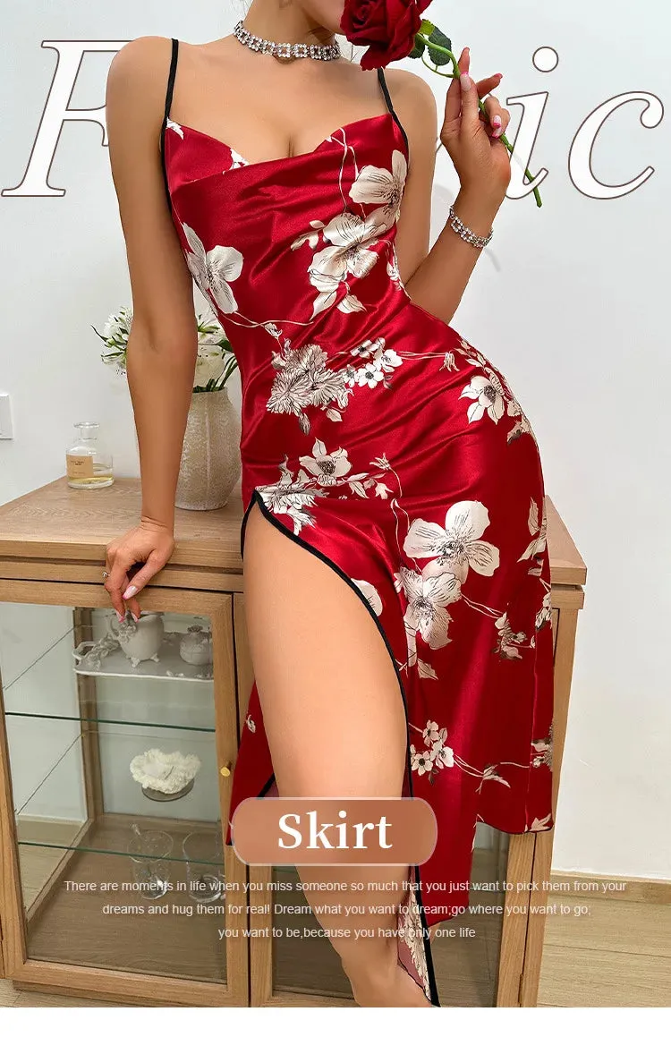 Summer Thin Breathable Women's Dress Ice Silk Slip Dress Sexy Floral Print Pajamas Open Back Split Nightdress Silk Pajamas