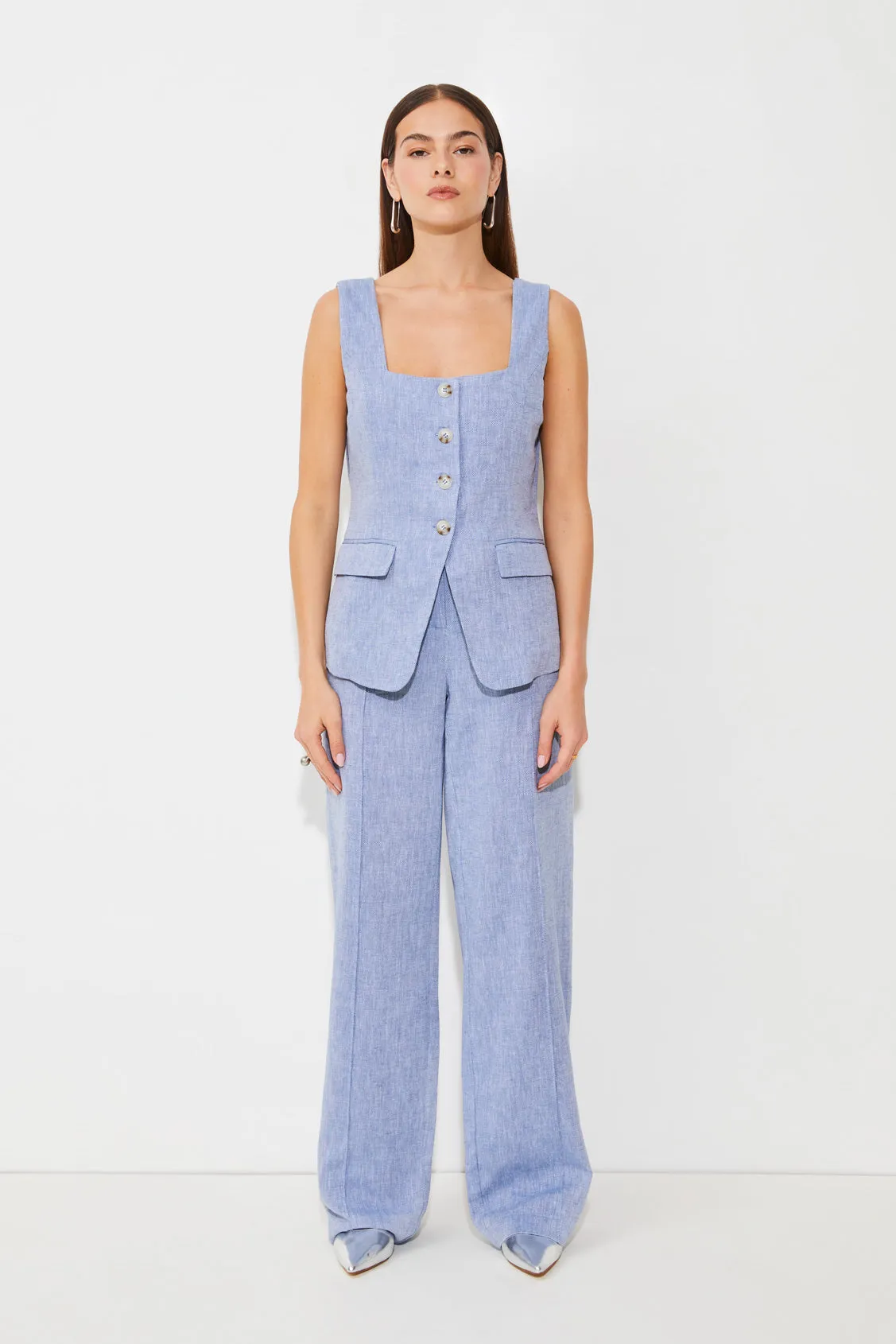 Suncoo Joana Blue Straight Leg Linen Blend Trousers
