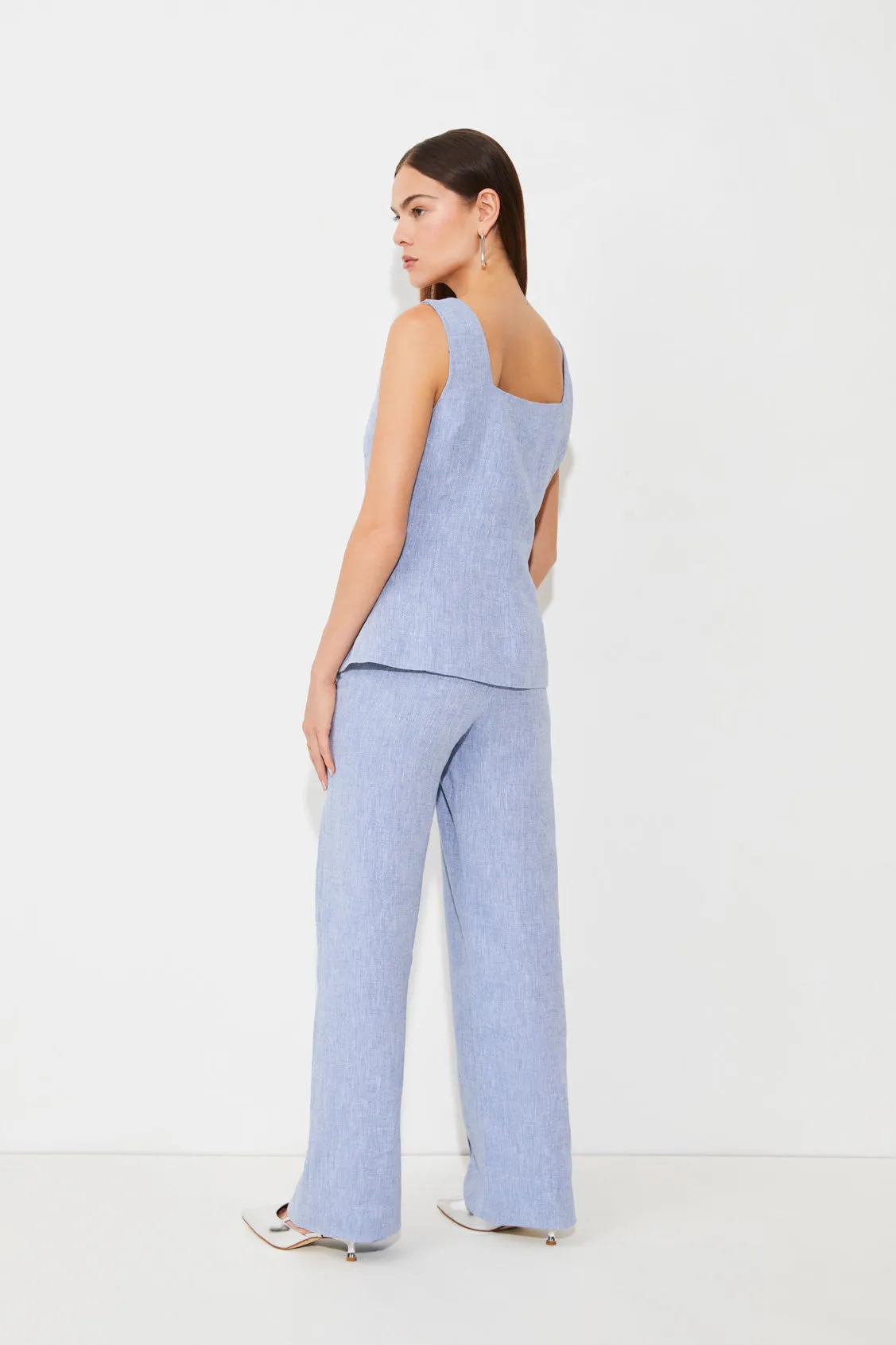 Suncoo Joana Blue Straight Leg Linen Blend Trousers