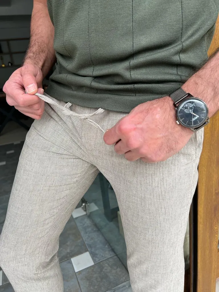 Tampa Beige Slim Fit Linen Laced Pants