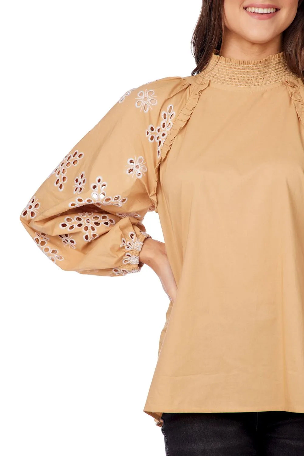 Tan Emilia Eyelet Top