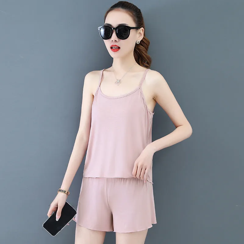 Two-Piece Summer Sexy Suspender Shorts Women Thin Pajamas