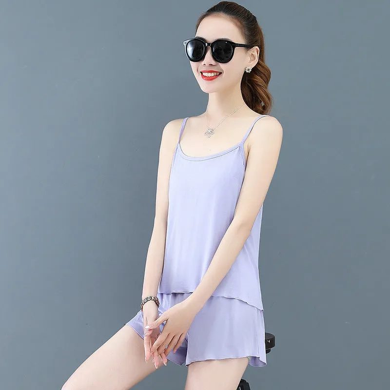 Two-Piece Summer Sexy Suspender Shorts Women Thin Pajamas