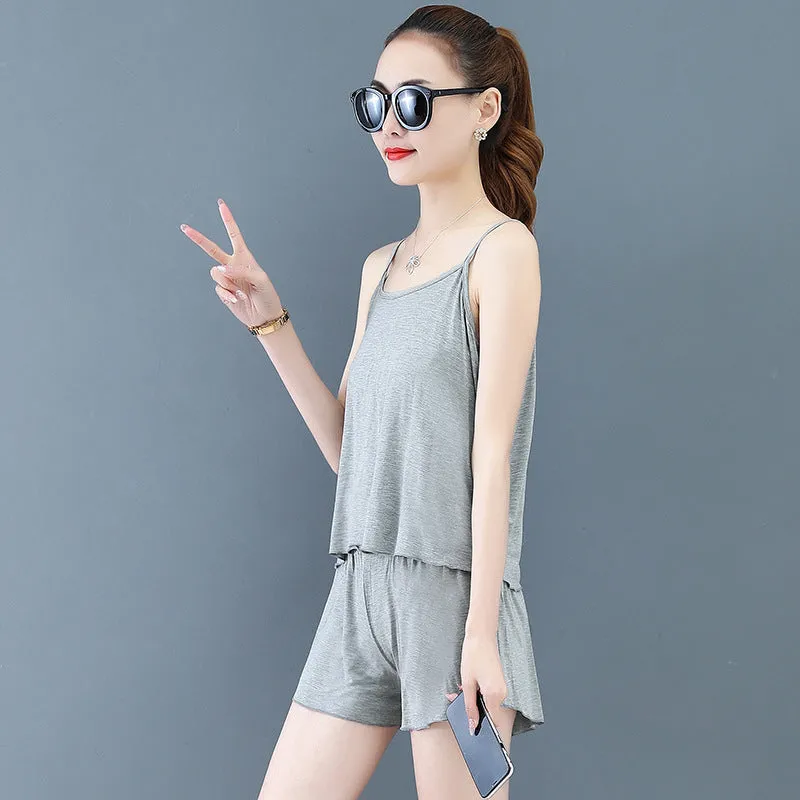 Two-Piece Summer Sexy Suspender Shorts Women Thin Pajamas