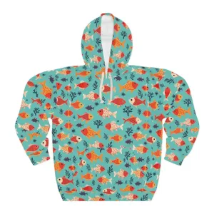 Vibrant Aop Unisex Pullover Hoodie with Fish Prints