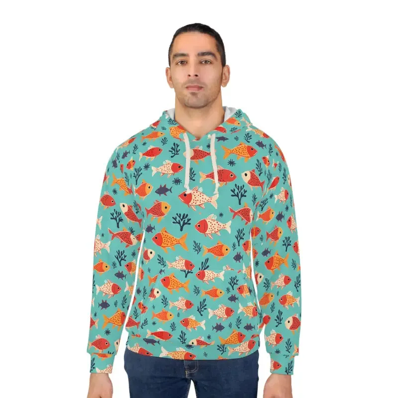 Vibrant Aop Unisex Pullover Hoodie with Fish Prints